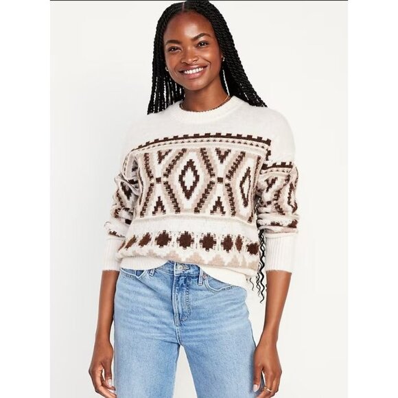 NEW Old Navy Womens Plus 3X Cozy Fair Isle Sweater Beige Brown Knit Top - Picture 1 of 11